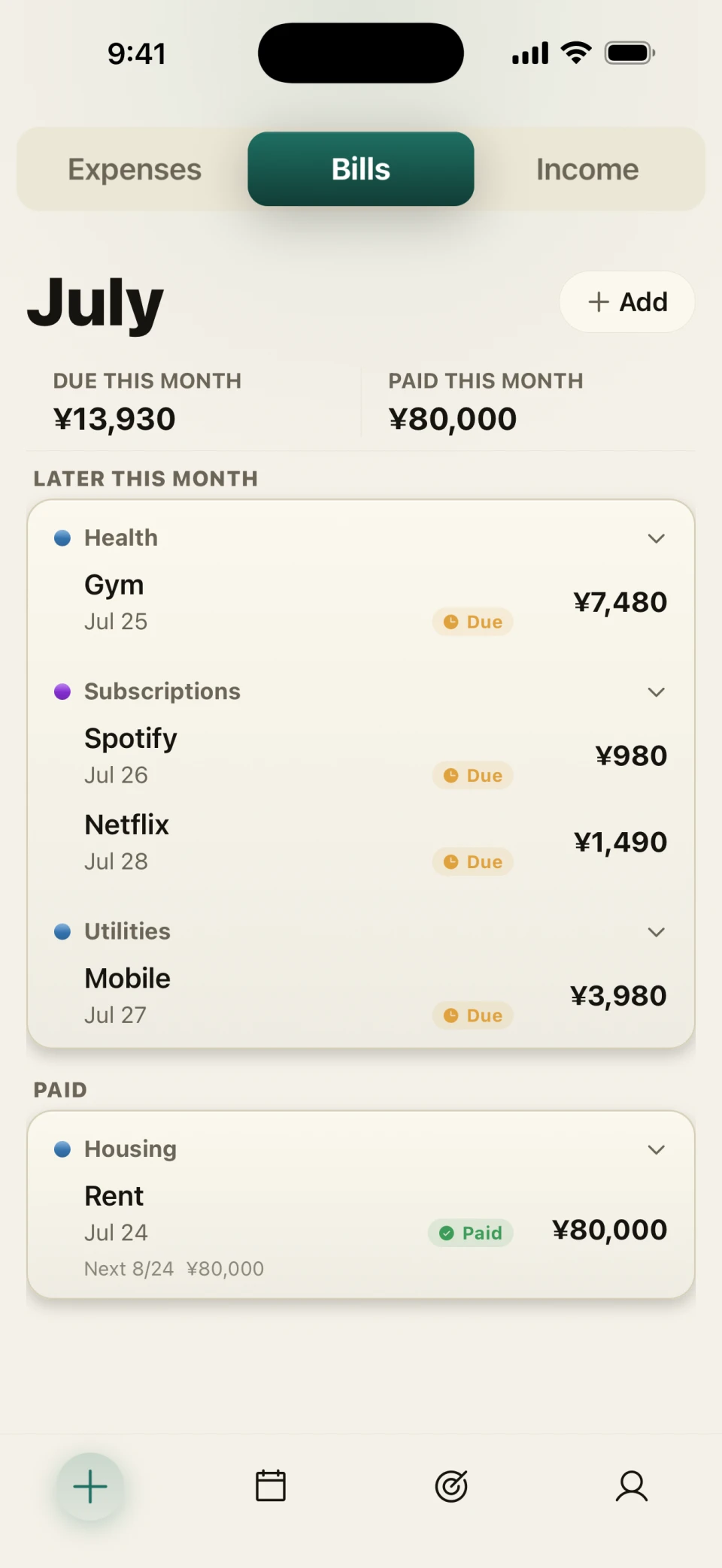 Recurring bills — due and paid this month