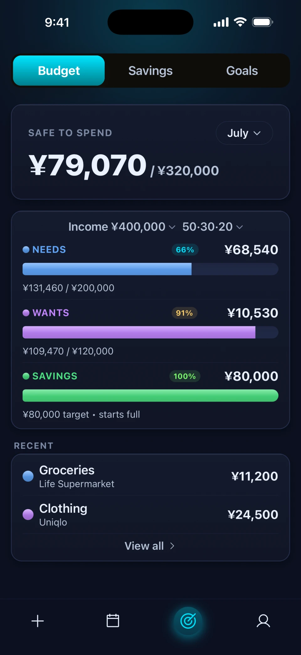Expensei budget screen in the Tokyo Neon premium theme